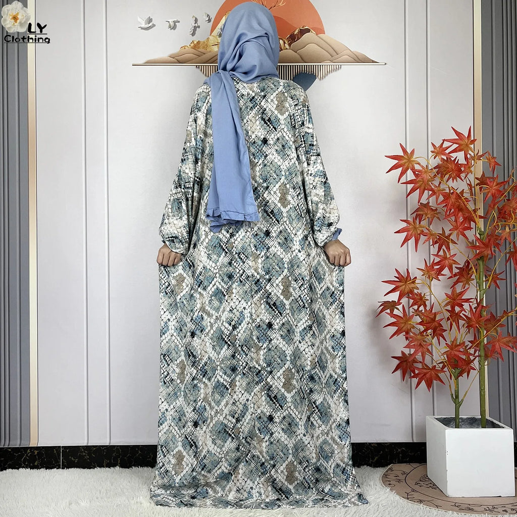 Muslim Long Sleeve Abaya – Loose Cotton Dress with Turban for Women