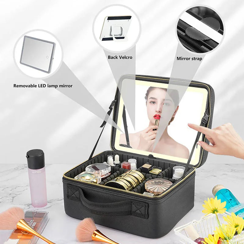 Smart LED Cosmetic Case with Mirror – Large Travel Makeup Bag for Women
