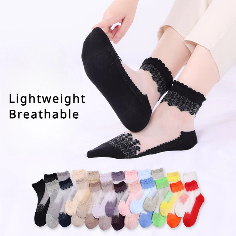 Women's Silk Velvet Lace Ankle Socks – Ultra-Thin Mesh Non-Slip Short Socks