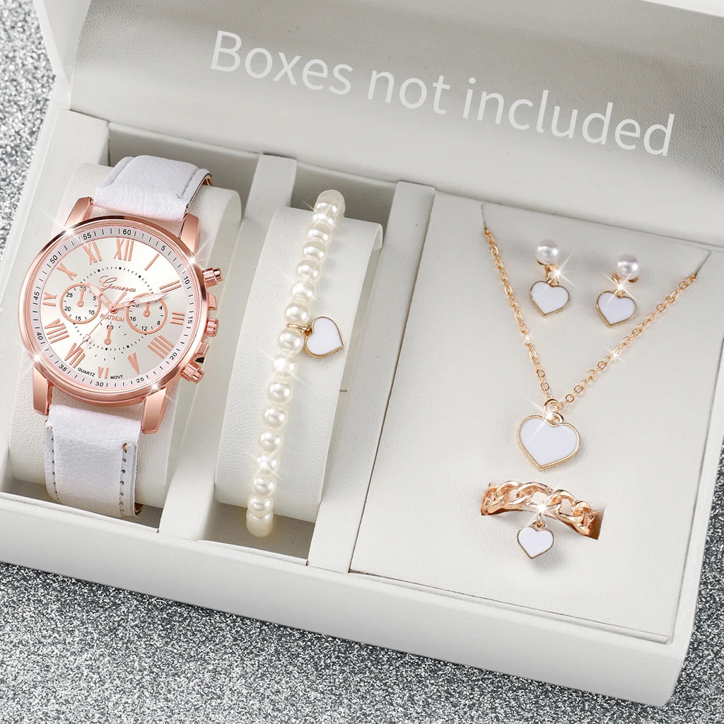 Fashion Women's Watch & Rhinestone Jewelry Set – 6-Piece Gift Set