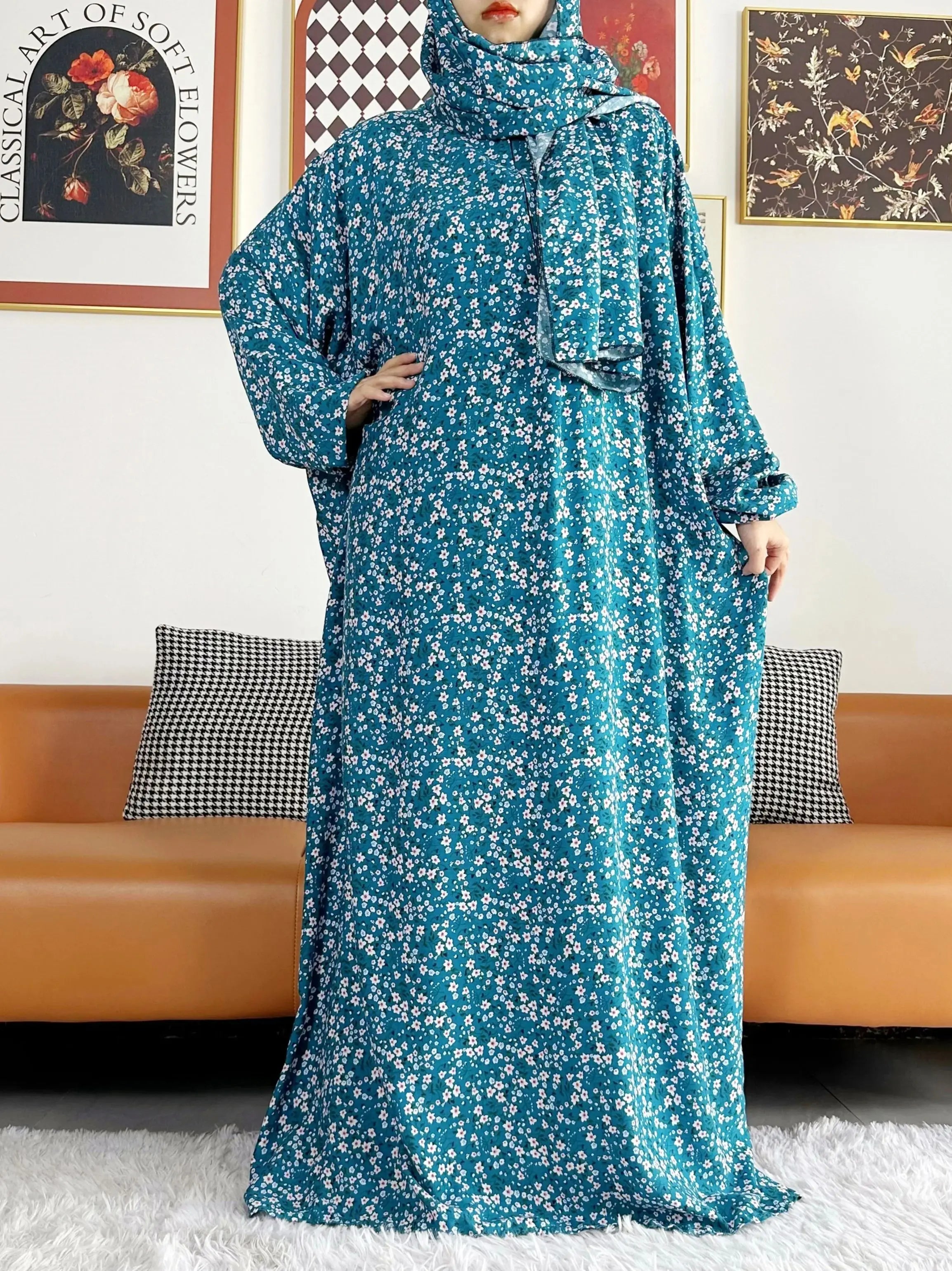 Floral Rayon Abaya – Loose African Dress with Turban for Muslim Women