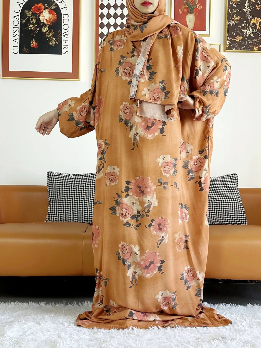 Plus Size Muslim Cotton Abaya – Loose Prayer Dress up to 6XL with Turban