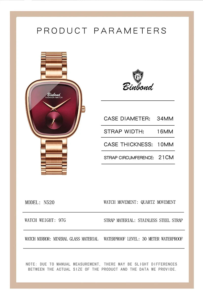 BINBOND Luxury Women's Watch – Simple Waterproof Stainless Steel Quartz