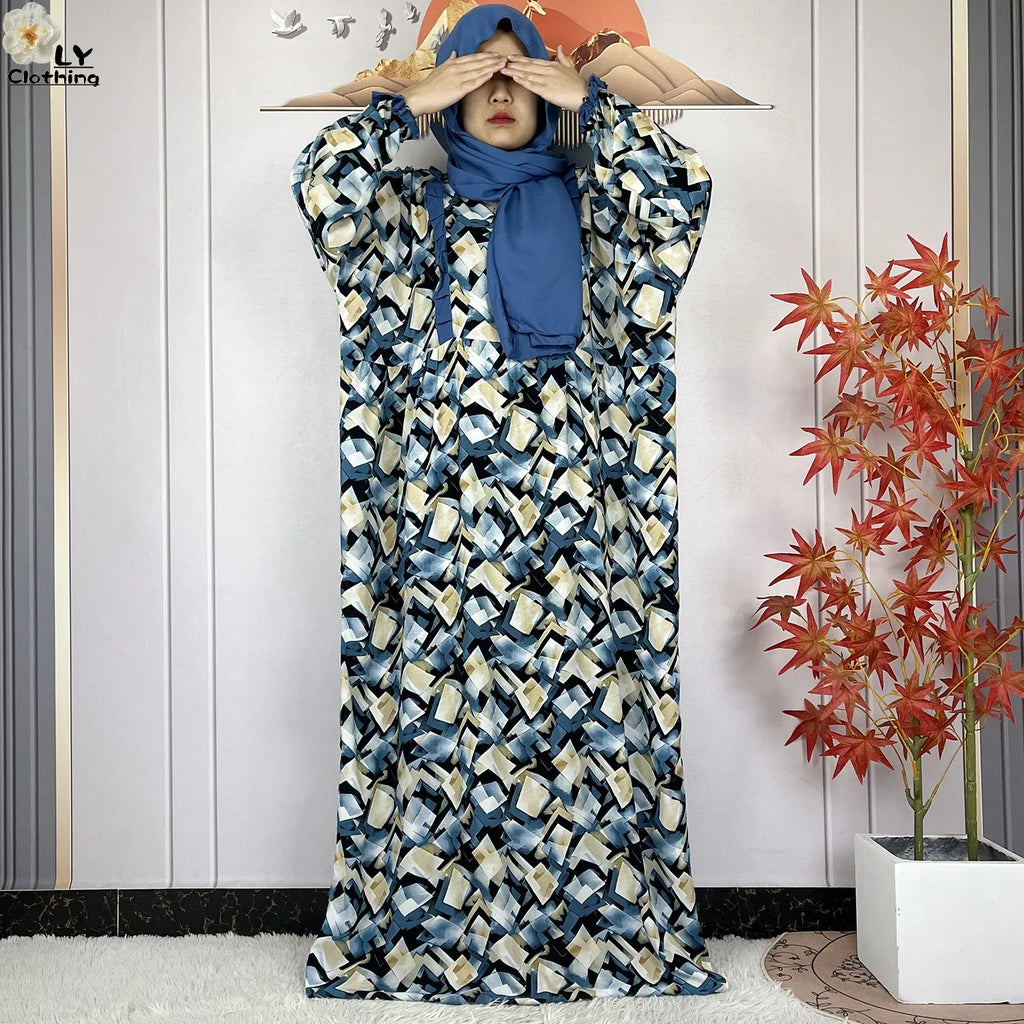 Muslim Long Sleeve Abaya – Loose Cotton Dress with Turban for Women