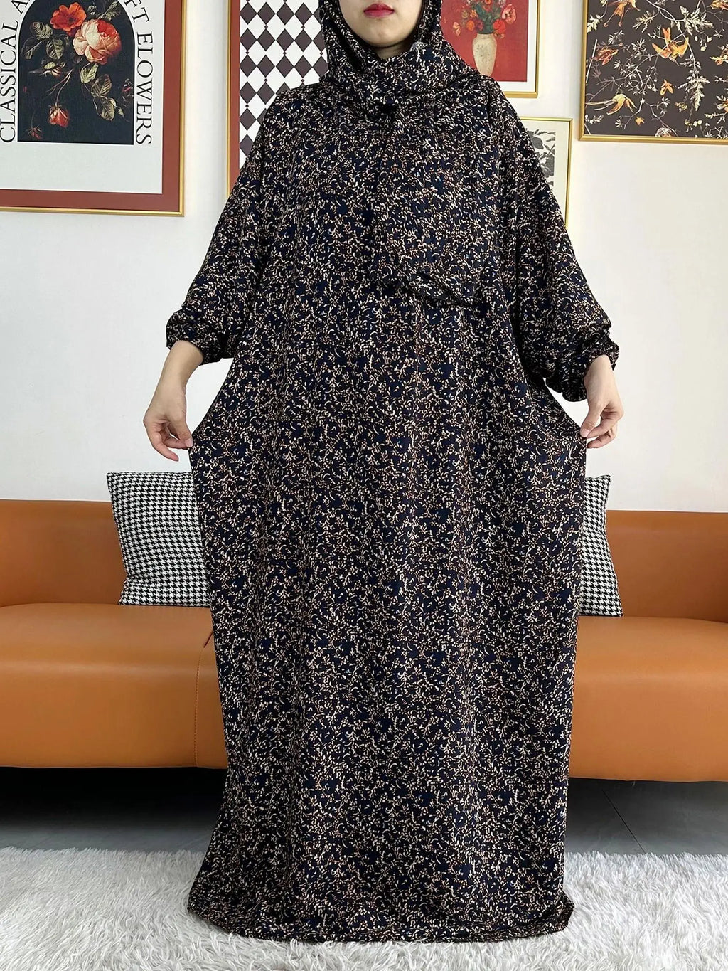 Floral Rayon Abaya – Loose African Dress with Turban for Muslim Women