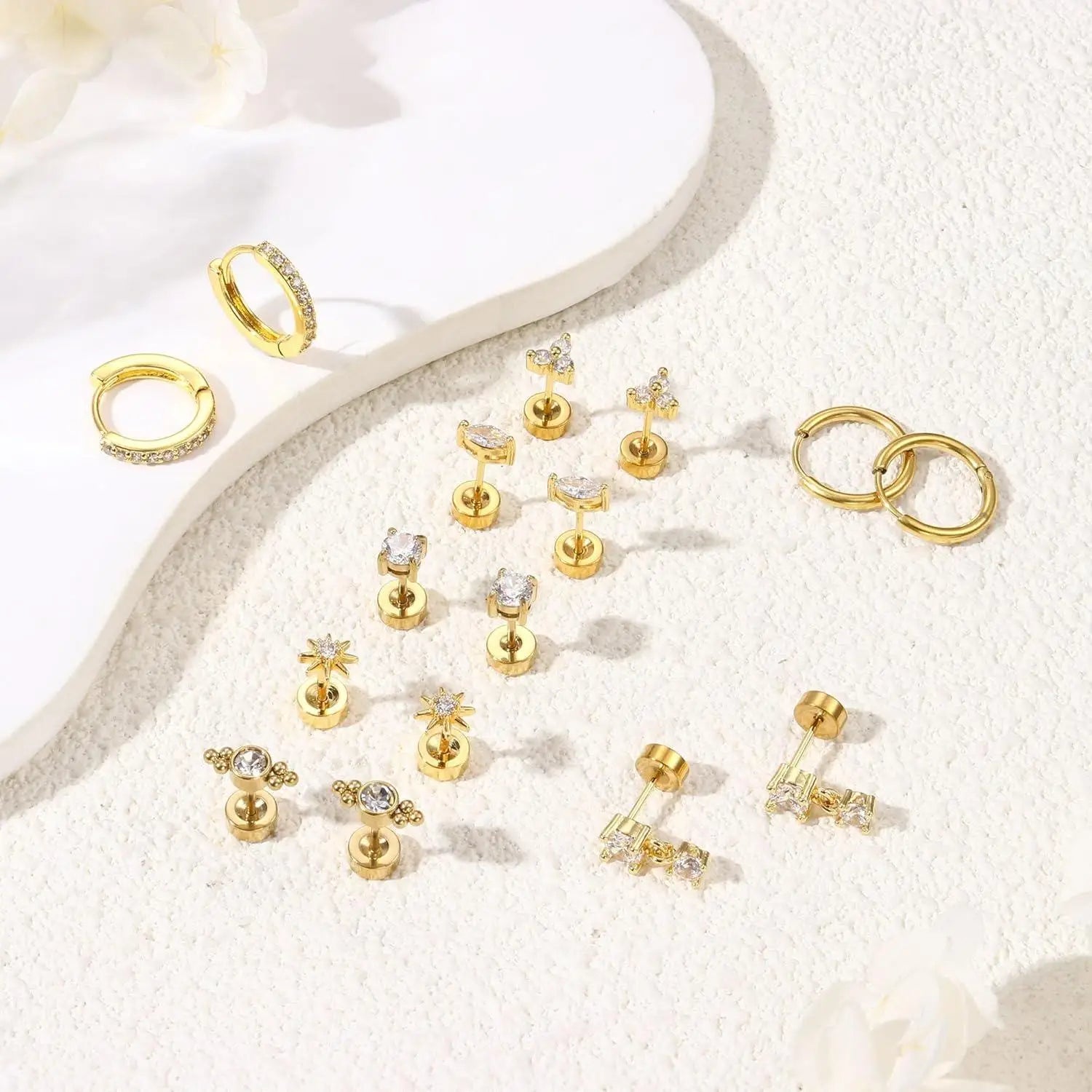 8 Pairs Hypoallergenic Earrings Set – Flat Back Studs & Hoops, Surgical Steel