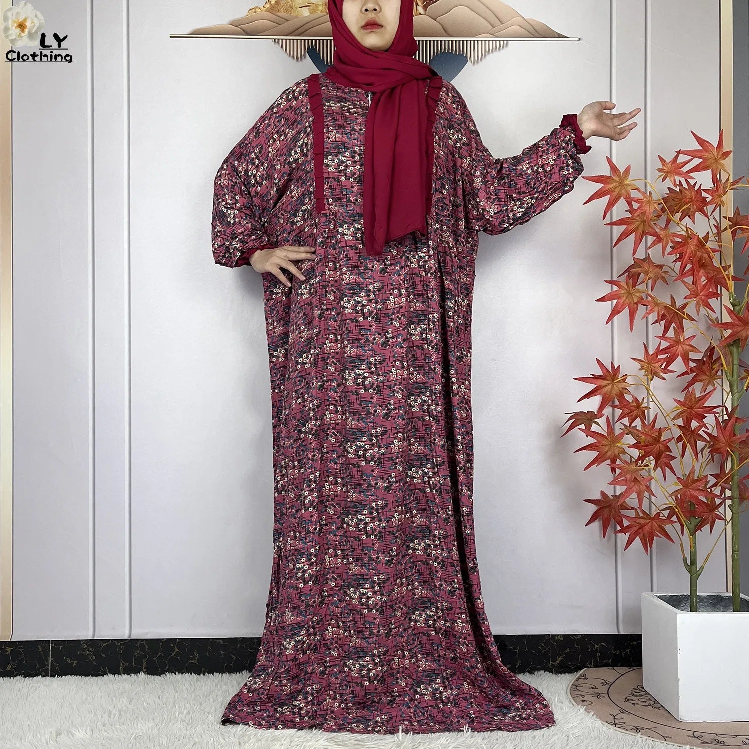 Muslim Long Sleeve Abaya – Loose Cotton Dress with Turban for Women