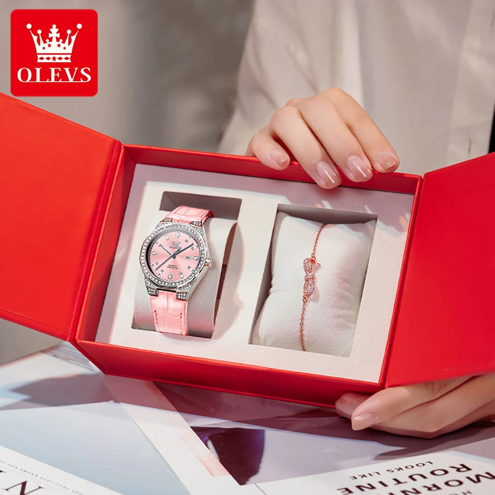 OLEVS Diamond Women's Watch – Luminous, Waterproof & Leather Strap