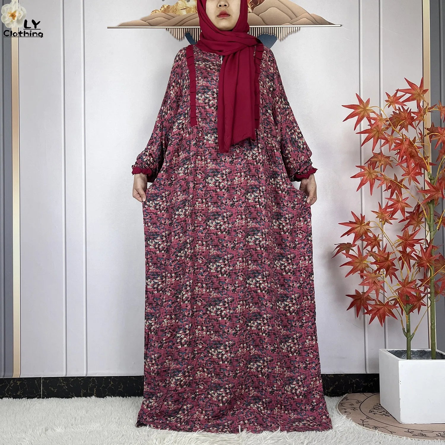 Muslim Long Sleeve Abaya – Loose Cotton Dress with Turban for Women