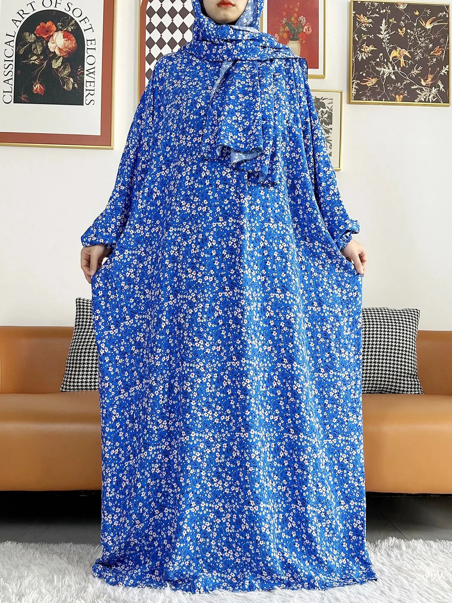 Floral Rayon Abaya – Loose African Dress with Turban for Muslim Women
