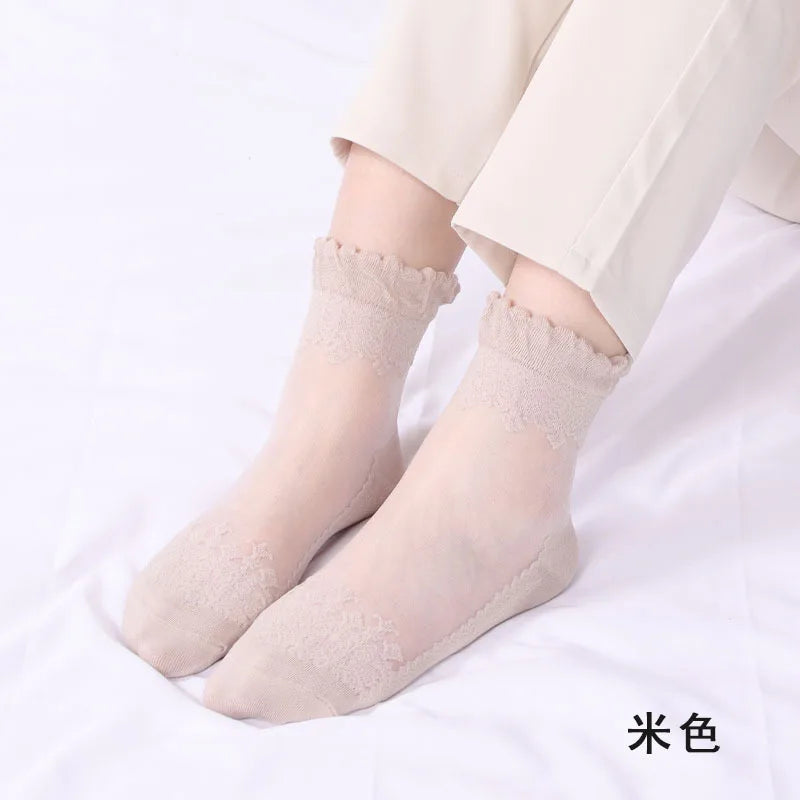 Women's Silk Velvet Lace Ankle Socks – Ultra-Thin Mesh Non-Slip Short Socks