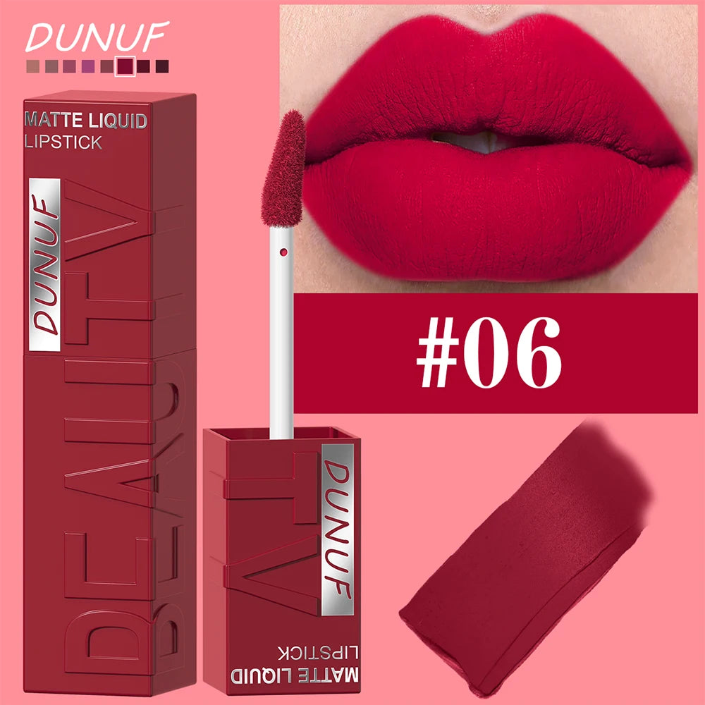 DUNUF 8-Colour Matte Velvet Lip Gloss Set – Waterproof Plumping Lipstick Square Tube