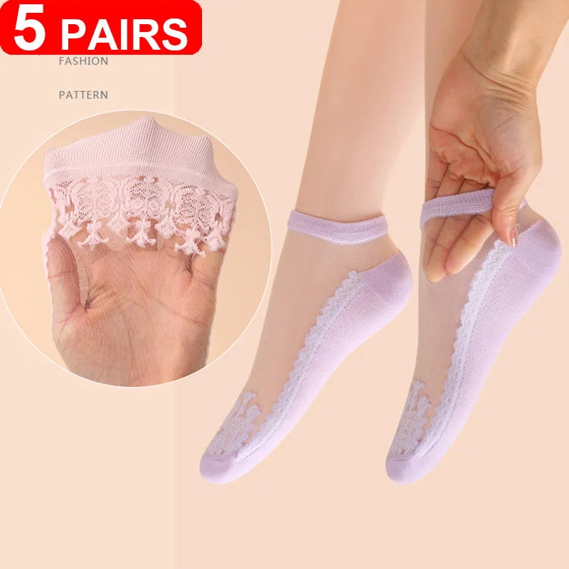 Women's Sheer Lace Invisible Socks – Ultra-Thin No-Show Ankle Socks (5 Pairs)