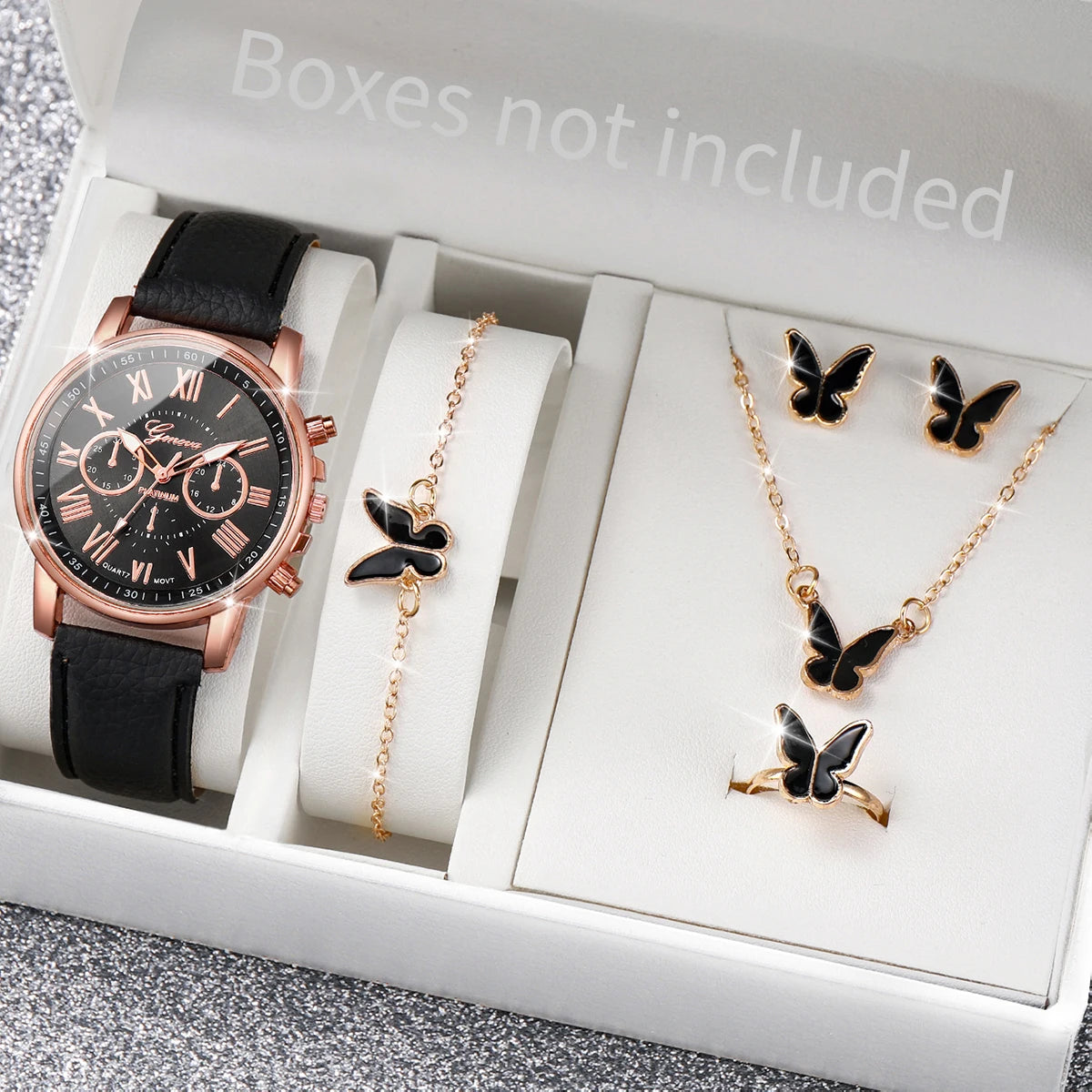 Fashion Women's Watch & Rhinestone Jewelry Set – 6-Piece Gift Set