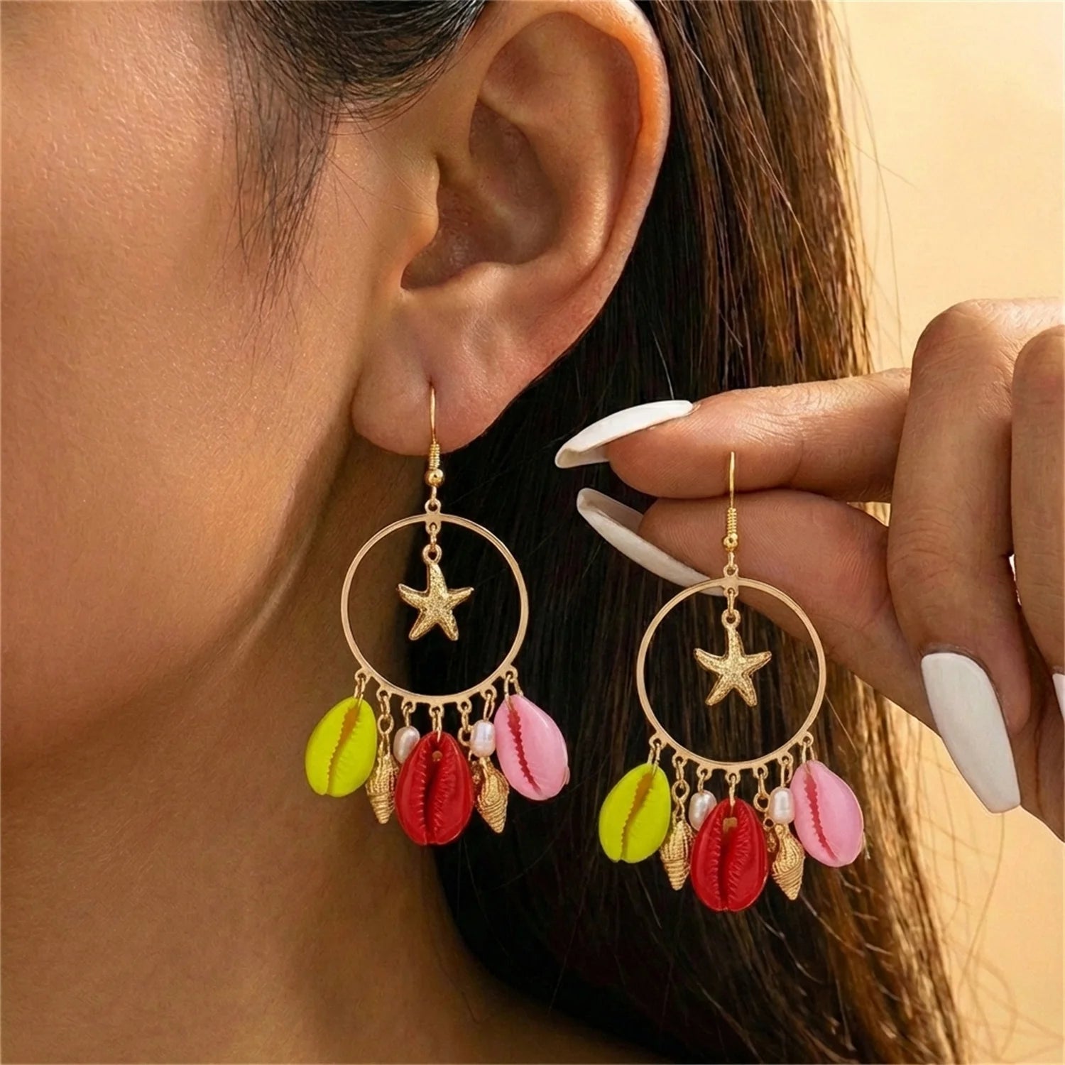 Y2K Boho Hoop Earrings – Colorful Stone, Starfish & Shell Dangle, Summer Festival