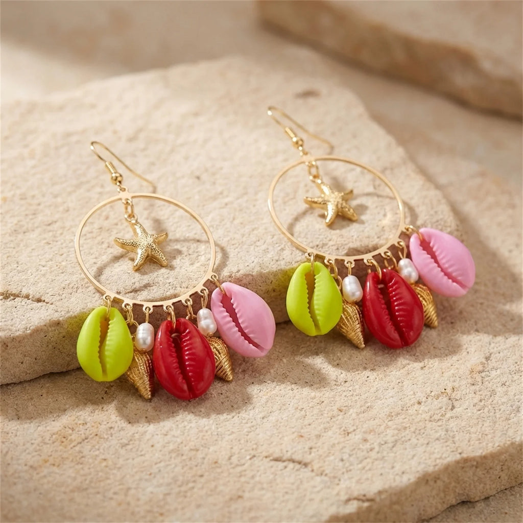 Y2K Boho Hoop Earrings – Colorful Stone, Starfish & Shell Dangle, Summer Festival