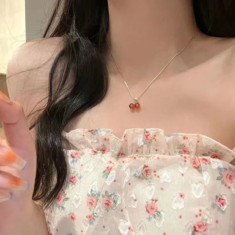 Wine Red Cherry Gold Pendant Necklace – Fashion Wedding & Birthday Jewelry