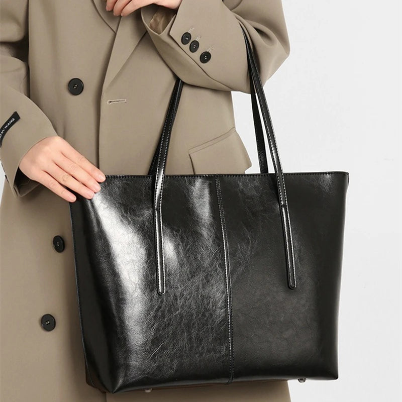 BURMINSA Vintage Genuine Leather Tote Bag – Elegant Office Work Shoulder Handbag for Women