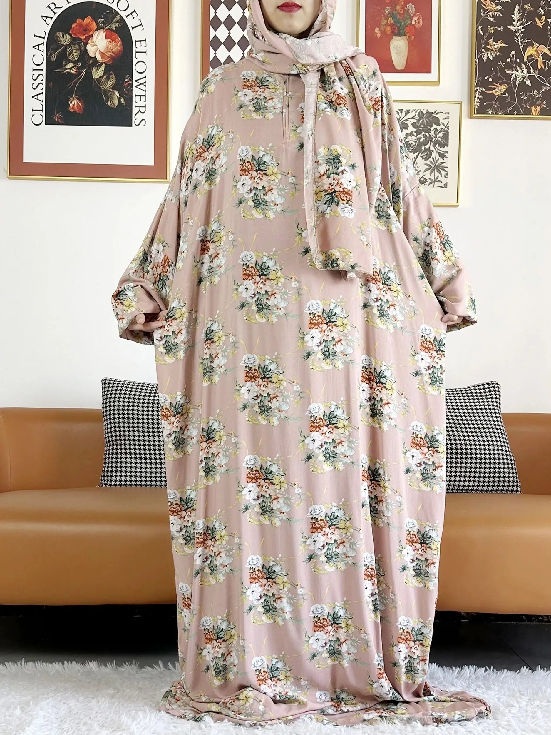 Plus Size Muslim Cotton Abaya – Loose Prayer Dress up to 6XL with Turban