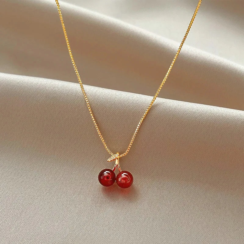 Wine Red Cherry Gold Pendant Necklace – Fashion Wedding & Birthday Jewelry