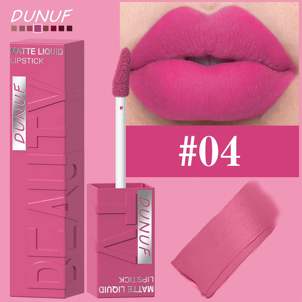 DUNUF 8-Colour Matte Velvet Lip Gloss Set – Waterproof Plumping Lipstick Square Tube