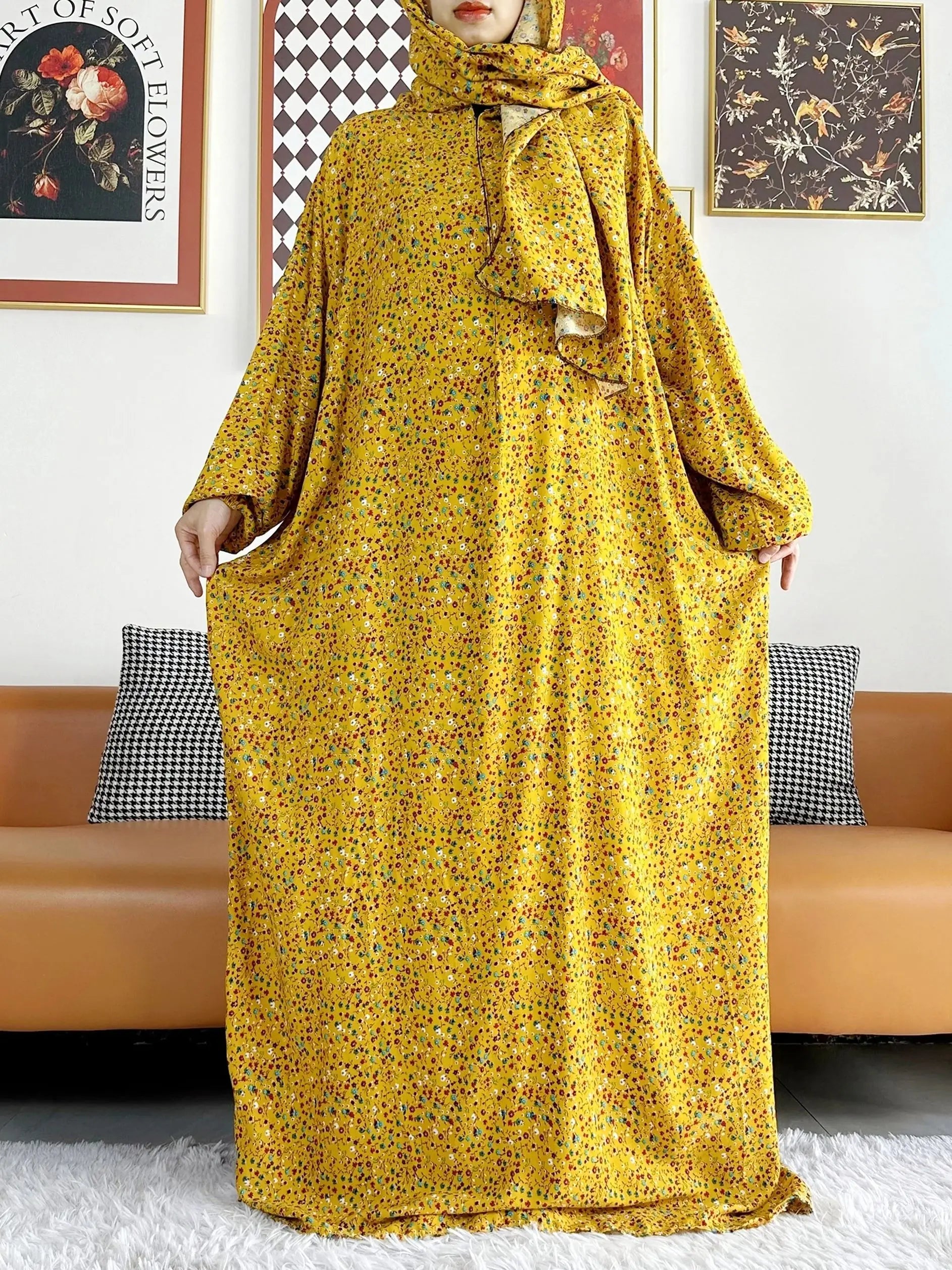 Floral Rayon Abaya – Loose African Dress with Turban for Muslim Women