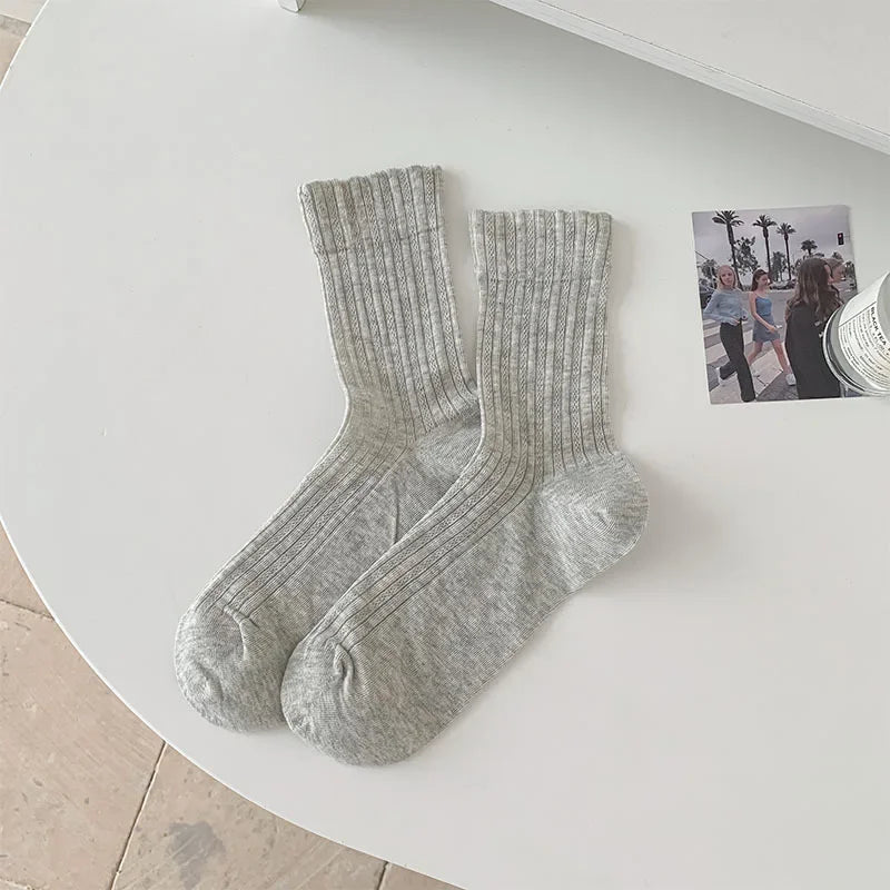 Women's Korean Style Mid-Tube Socks – Breathable Cotton Socks in Solid Colours (5 Pairs)