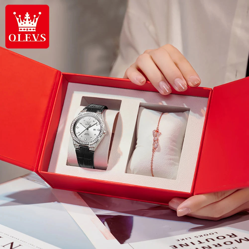 OLEVS Diamond Women's Watch – Luminous, Waterproof & Leather Strap