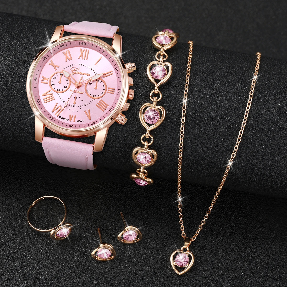Fashion Women's Watch & Rhinestone Jewelry Set – 6-Piece Gift Set