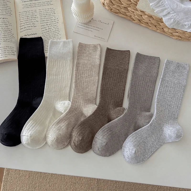 Women's Korean Style Long Crew Socks – Solid Colour Cotton Casual Socks (6 Pairs)