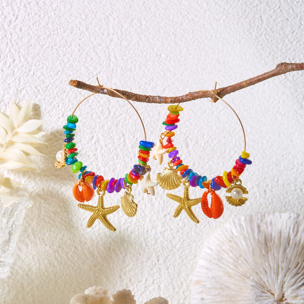 Y2K Boho Hoop Earrings – Colorful Stone, Starfish & Shell Dangle, Summer Festival