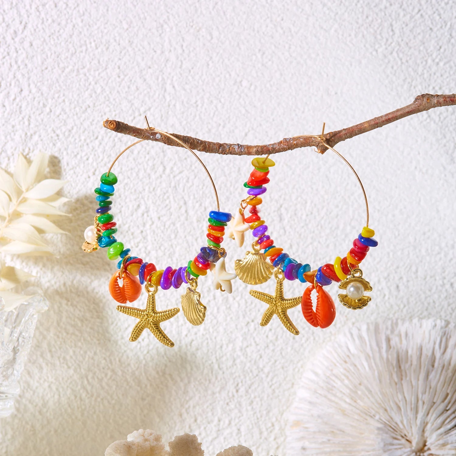 Y2K Boho Hoop Earrings – Colorful Stone, Starfish & Shell Dangle, Summer Festival