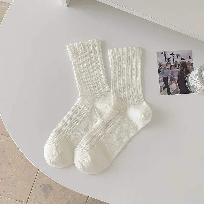 Women's Korean Style Mid-Tube Socks – Breathable Cotton Socks in Solid Colours (5 Pairs)