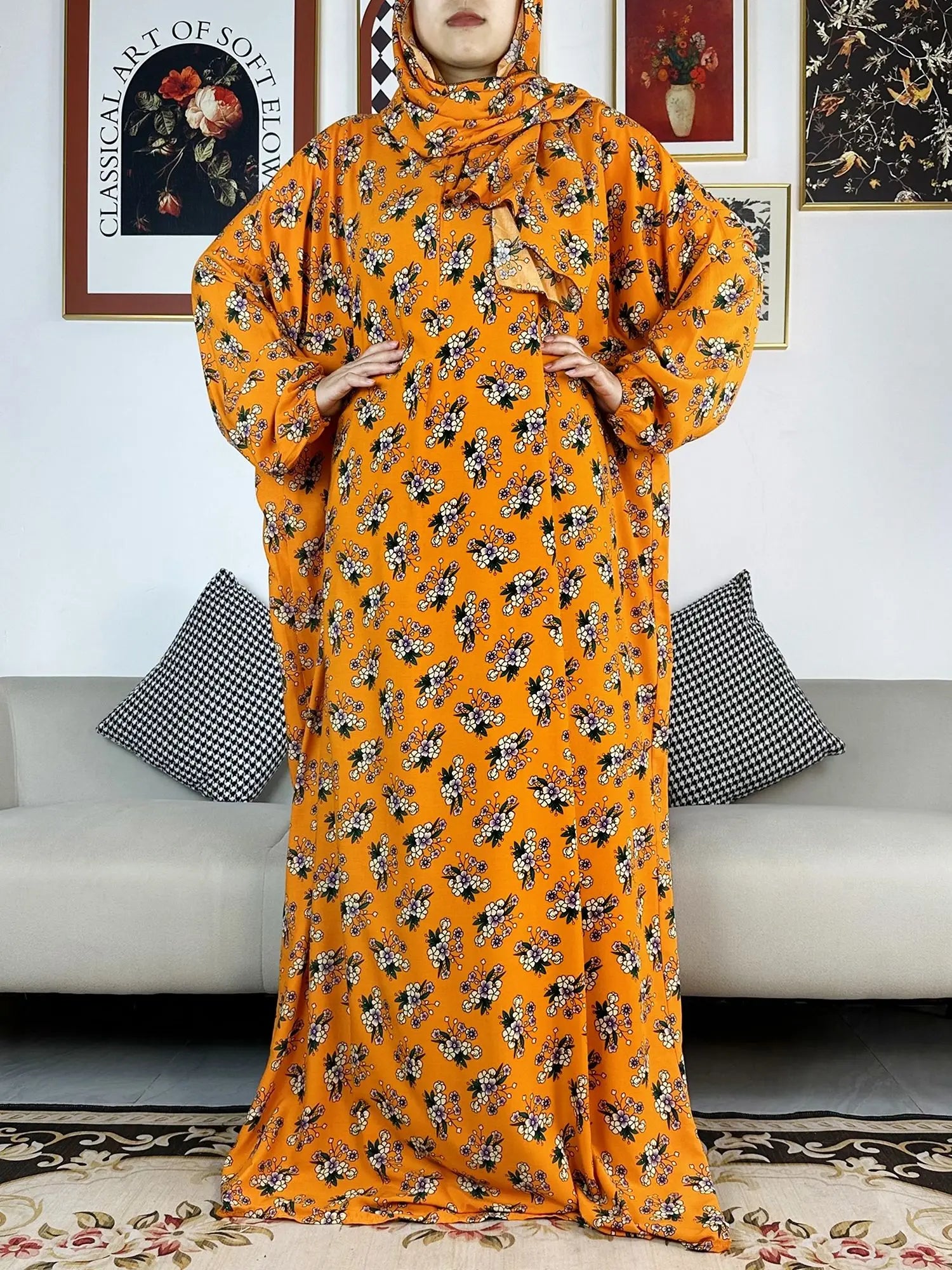 Floral Rayon Abaya – Loose African Dress with Turban for Muslim Women