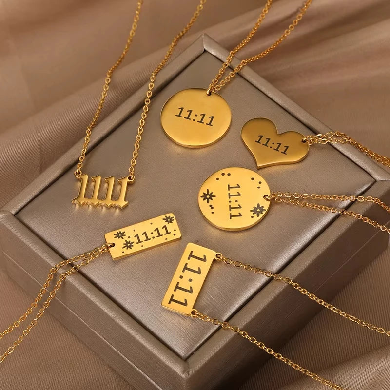 11:11 Angel Number Rectangle Pendant Necklace – Gold Stainless Steel Lucky Choker