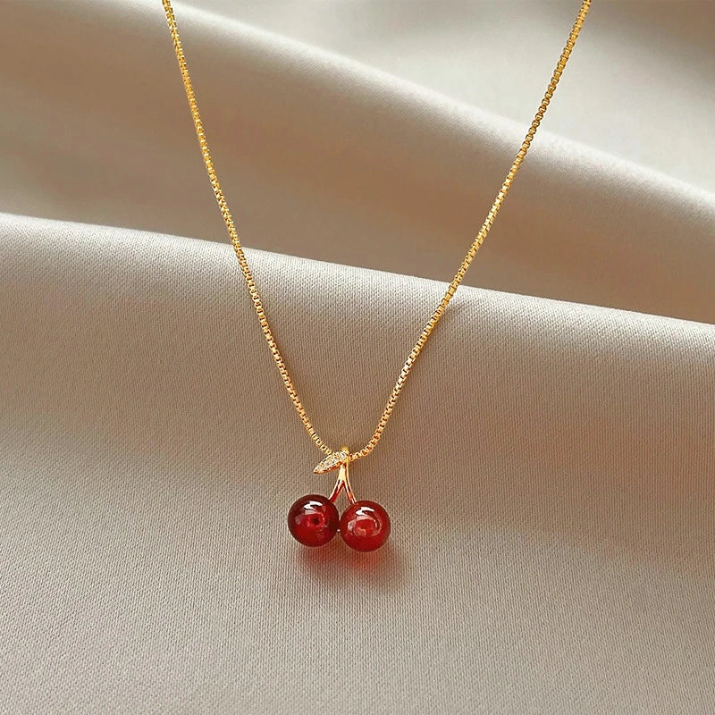 Wine Red Cherry Gold Pendant Necklace – Fashion Wedding & Birthday Jewelry