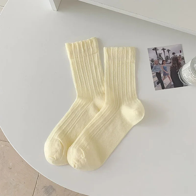 Women's Korean Style Mid-Tube Socks – Breathable Cotton Socks in Solid Colours (5 Pairs)
