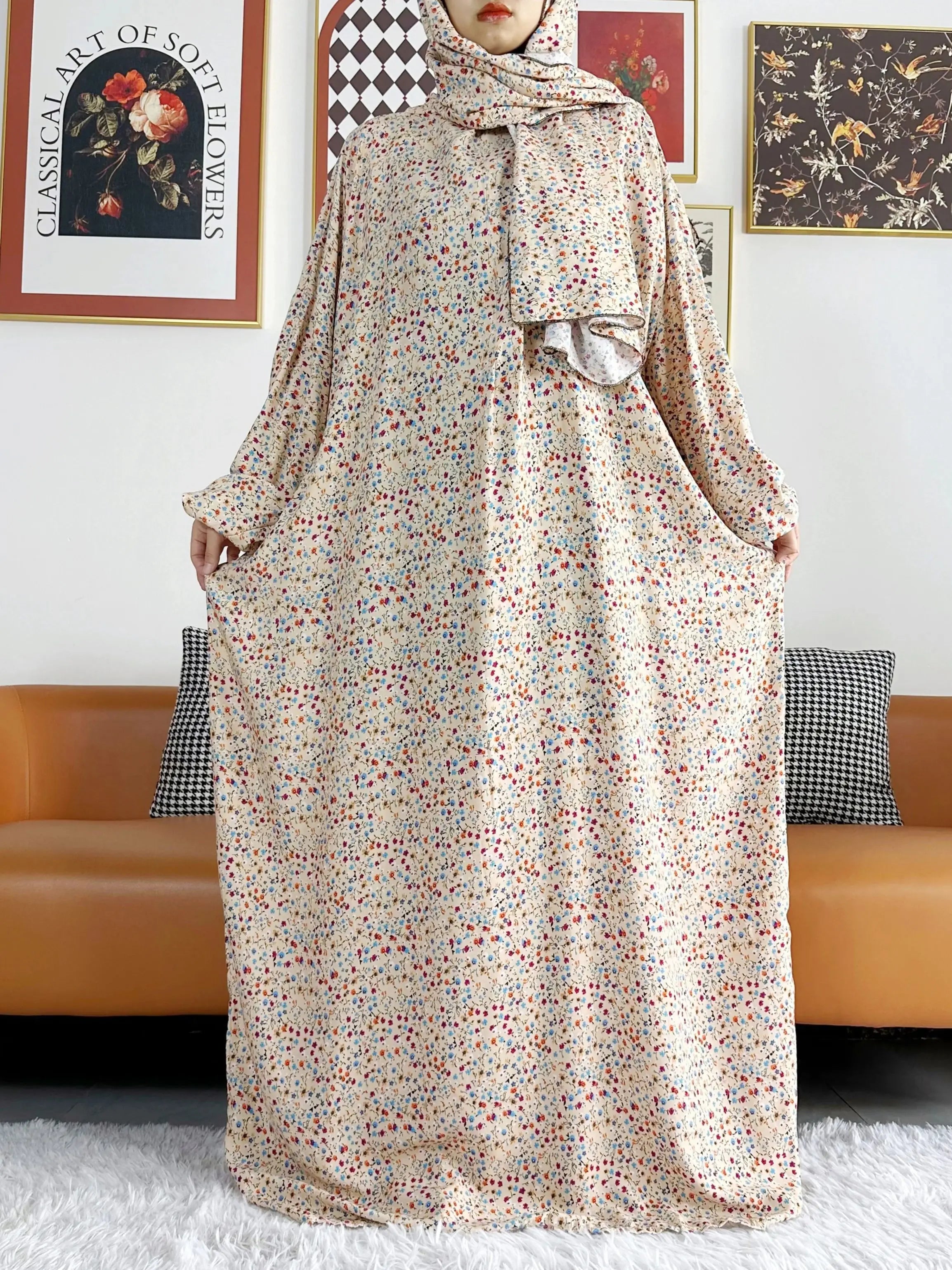 Floral Rayon Abaya – Loose African Dress with Turban for Muslim Women