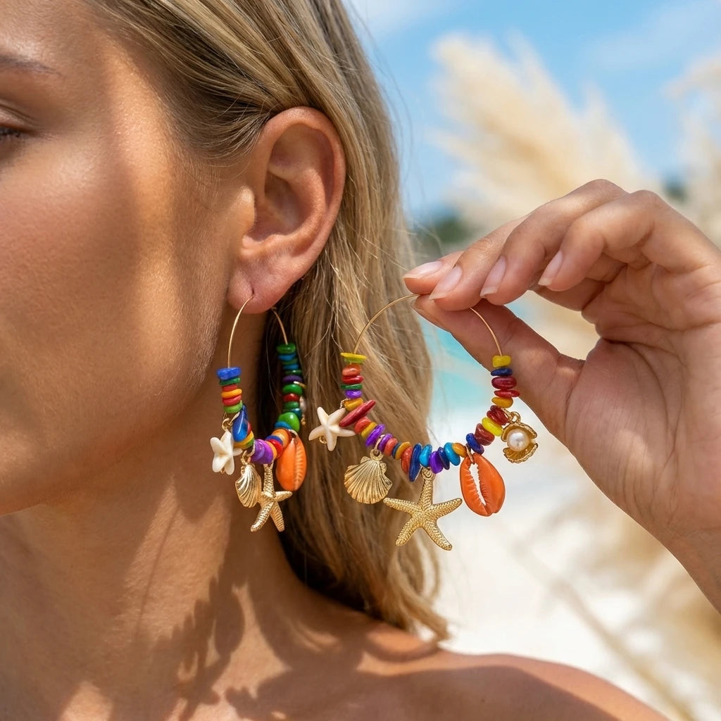 Y2K Boho Hoop Earrings – Colorful Stone, Starfish & Shell Dangle, Summer Festival