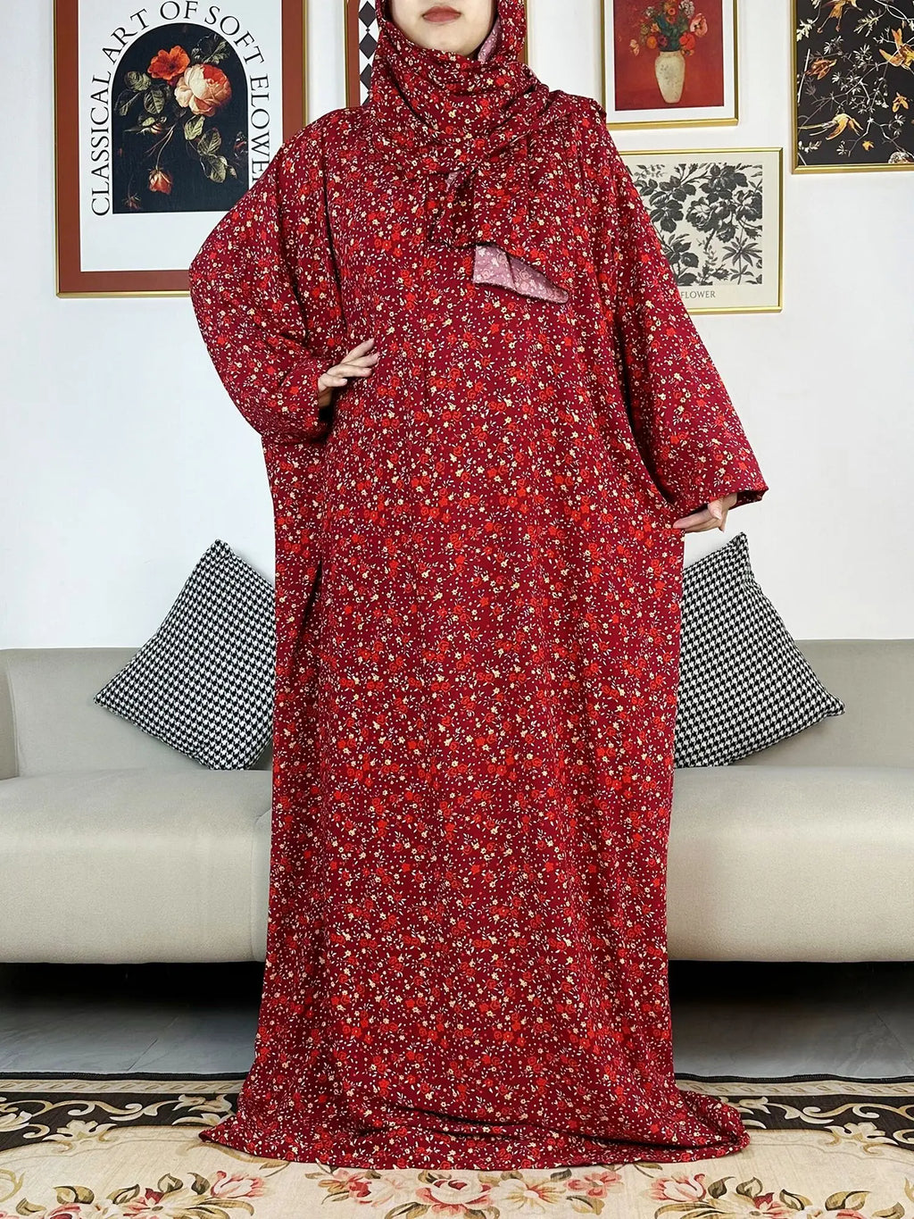 Floral Rayon Abaya – Loose African Dress with Turban for Muslim Women