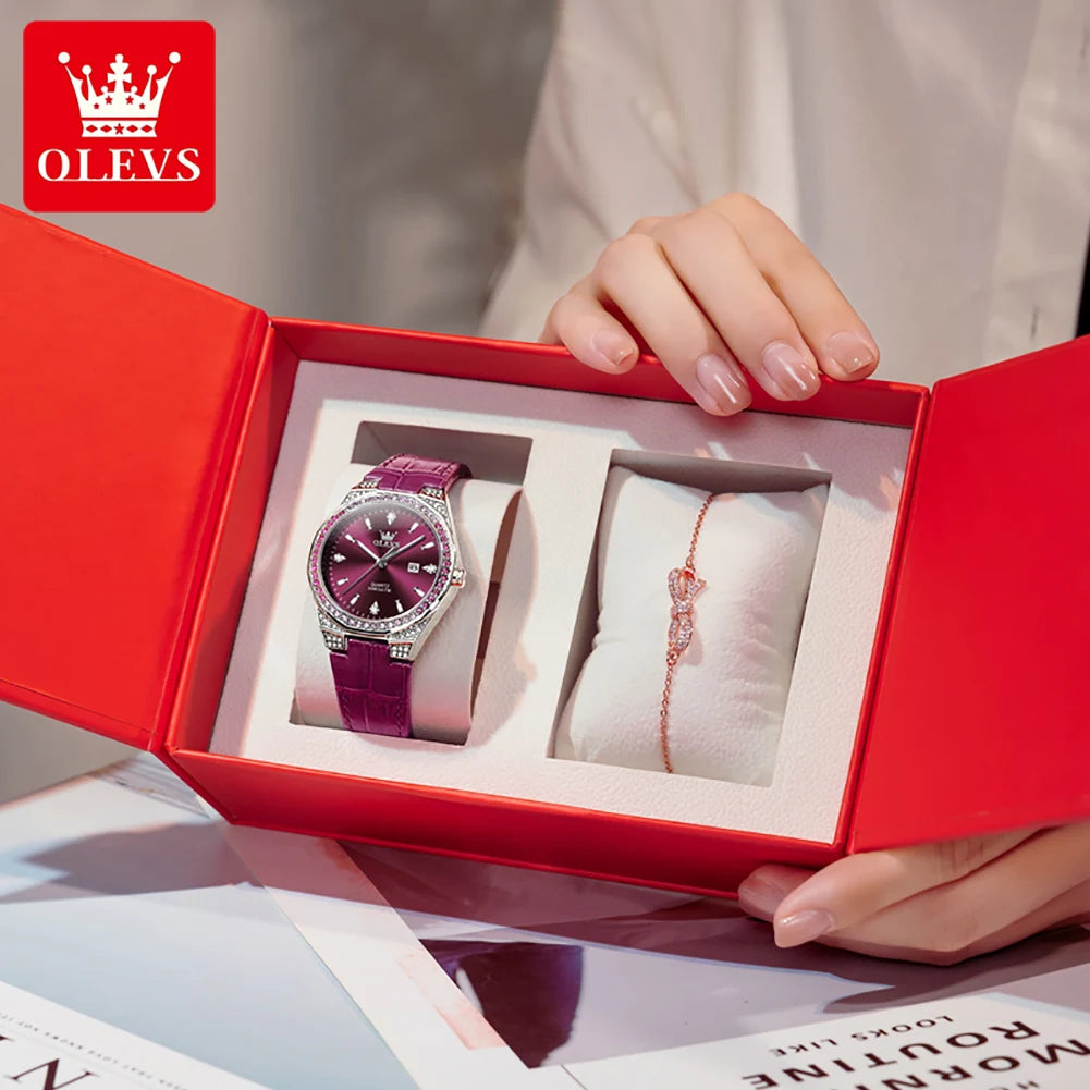 OLEVS Diamond Women's Watch – Luminous, Waterproof & Leather Strap