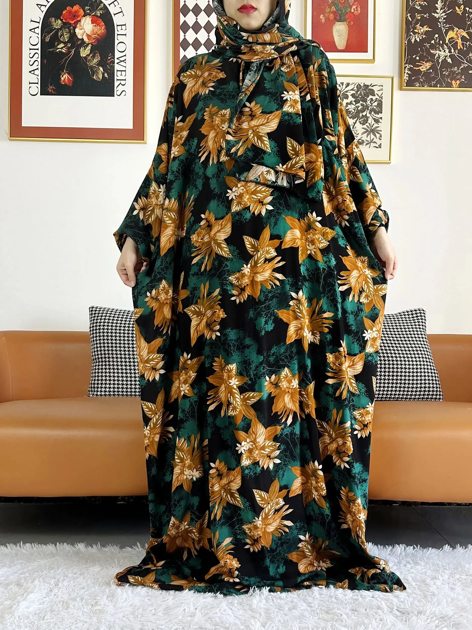 Plus Size Muslim Cotton Abaya – Loose Prayer Dress up to 6XL with Turban
