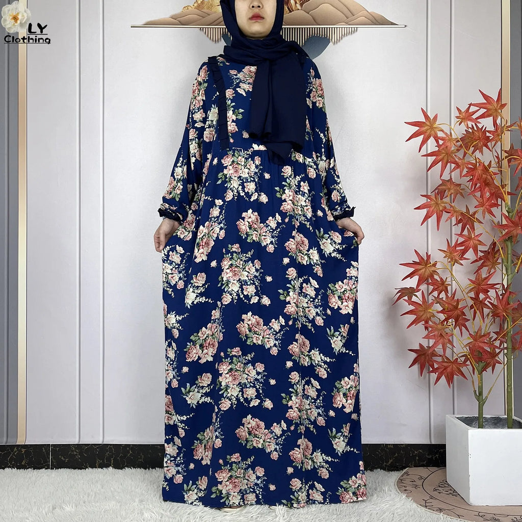 Muslim Long Sleeve Abaya – Loose Cotton Dress with Turban for Women