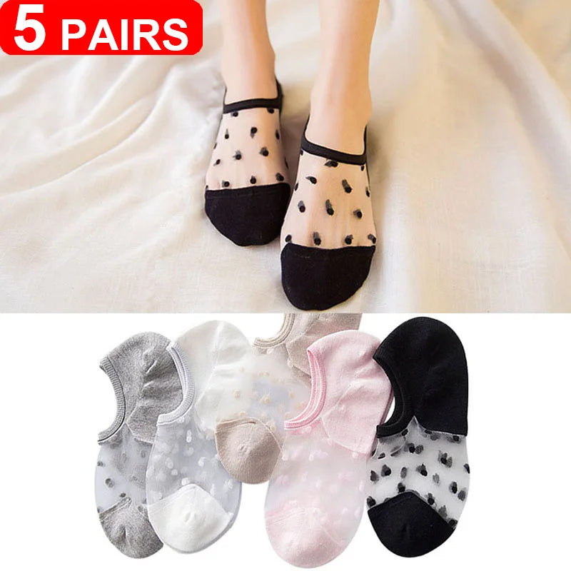 Women's Sheer Lace Invisible Socks – Ultra-Thin No-Show Ankle Socks (5 Pairs)
