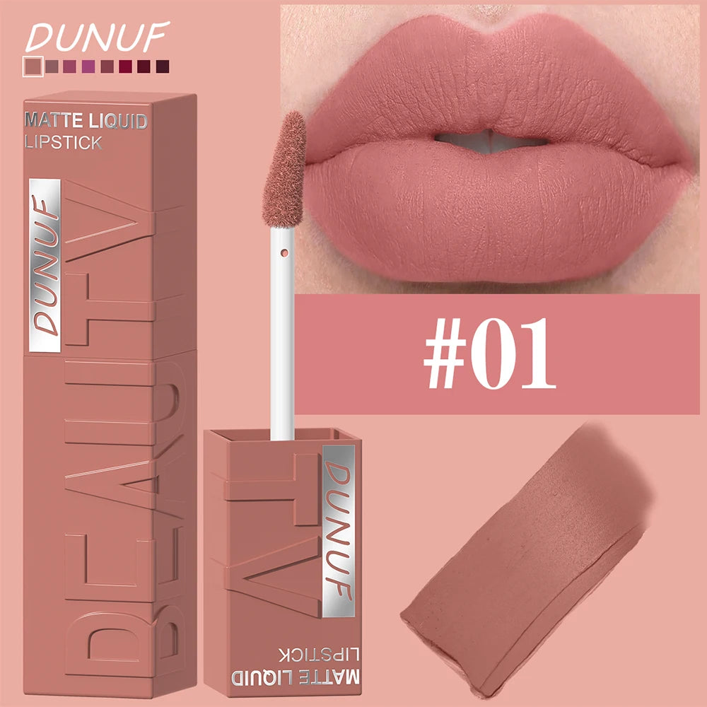 DUNUF 8-Colour Matte Velvet Lip Gloss Set – Waterproof Plumping Lipstick Square Tube