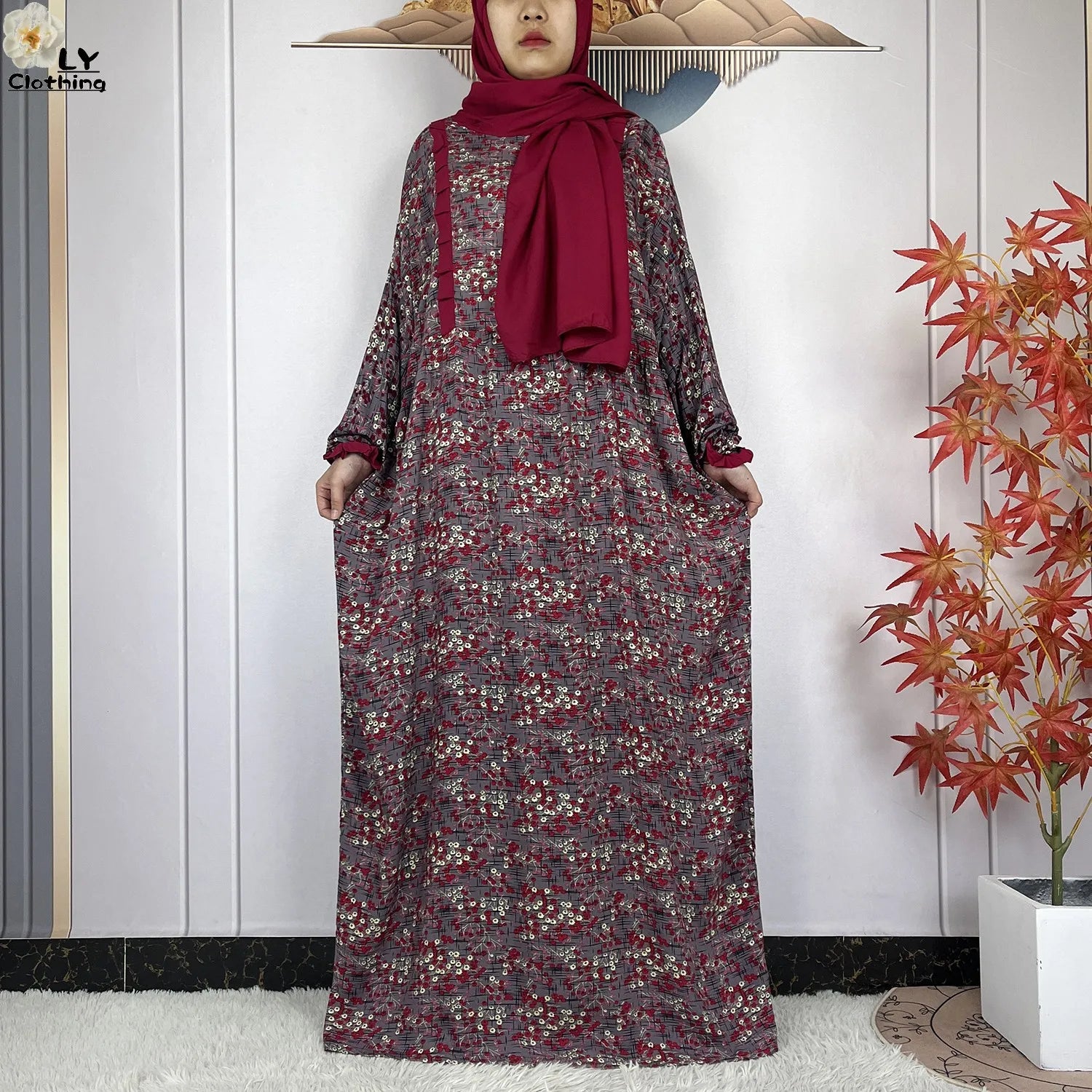 Muslim Long Sleeve Abaya – Loose Cotton Dress with Turban for Women