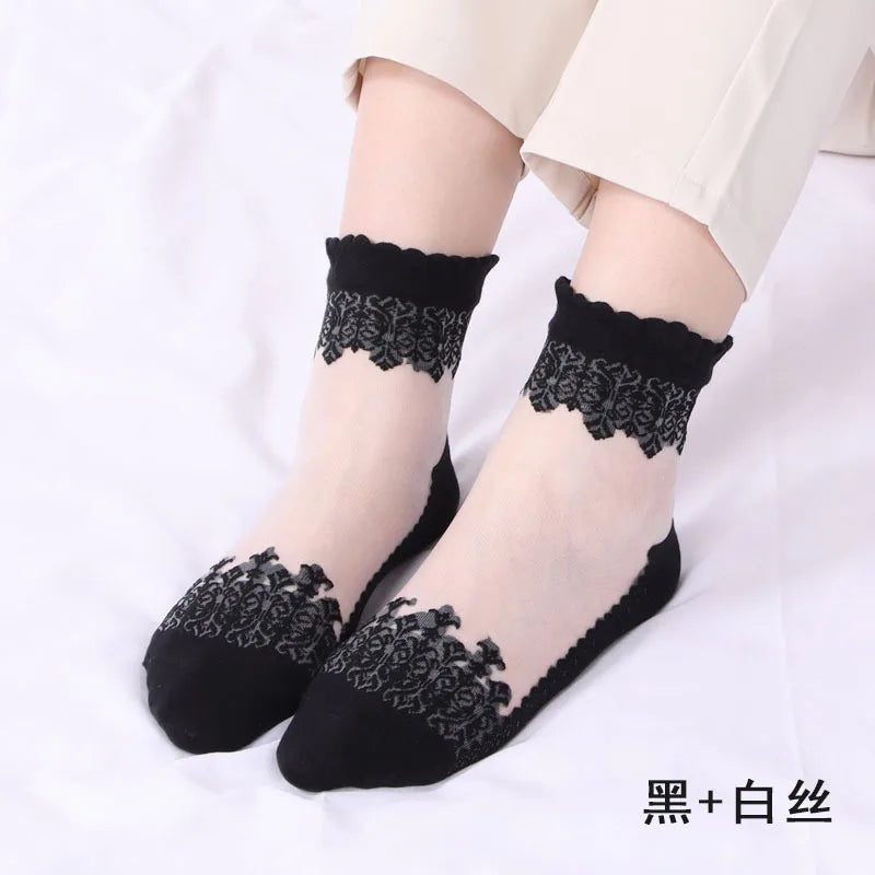 Women's Silk Velvet Lace Ankle Socks – Ultra-Thin Mesh Non-Slip Short Socks
