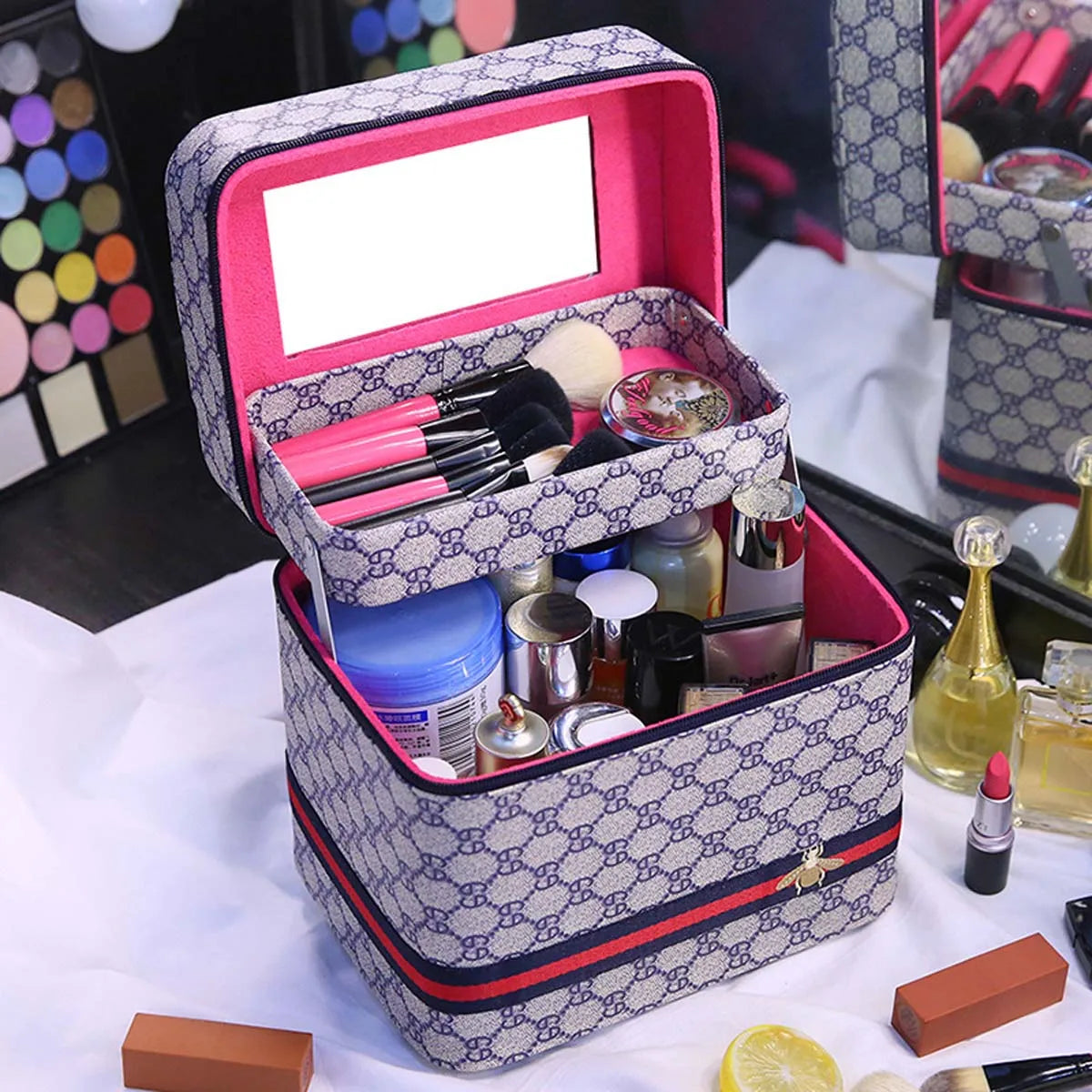 Large PU Leather Makeup Bag with Mirror – Travel Cosmetic Organiser & Storage Box