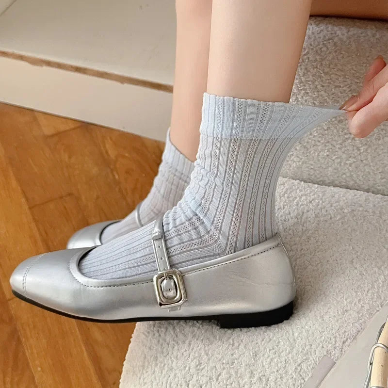 Women's Korean Style Mid-Tube Socks – Breathable Cotton Socks in Solid Colours (5 Pairs)