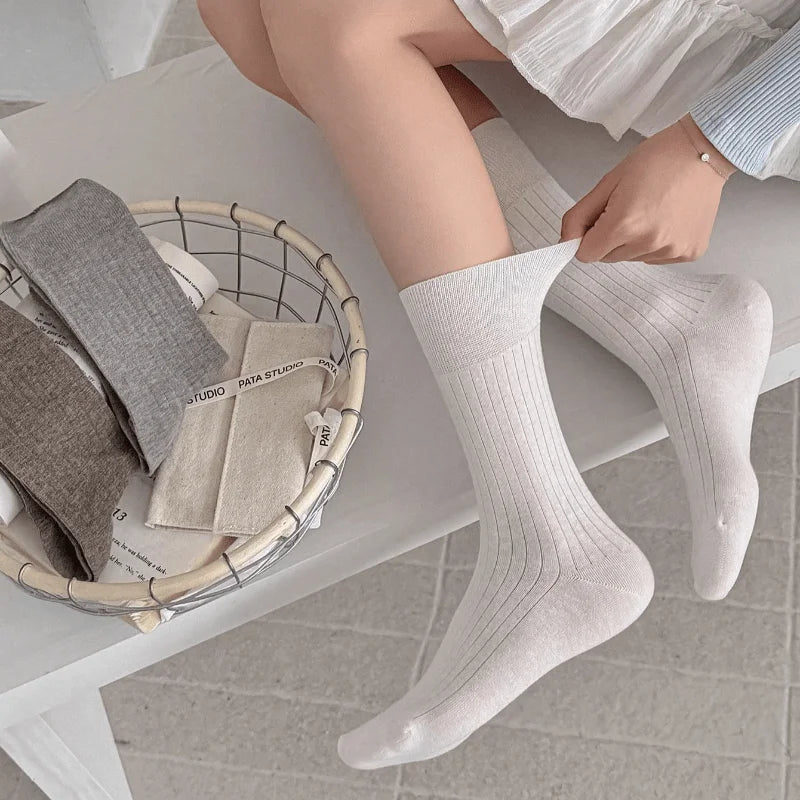 Women's Korean Style Long Crew Socks – Solid Colour Cotton Casual Socks (6 Pairs)
